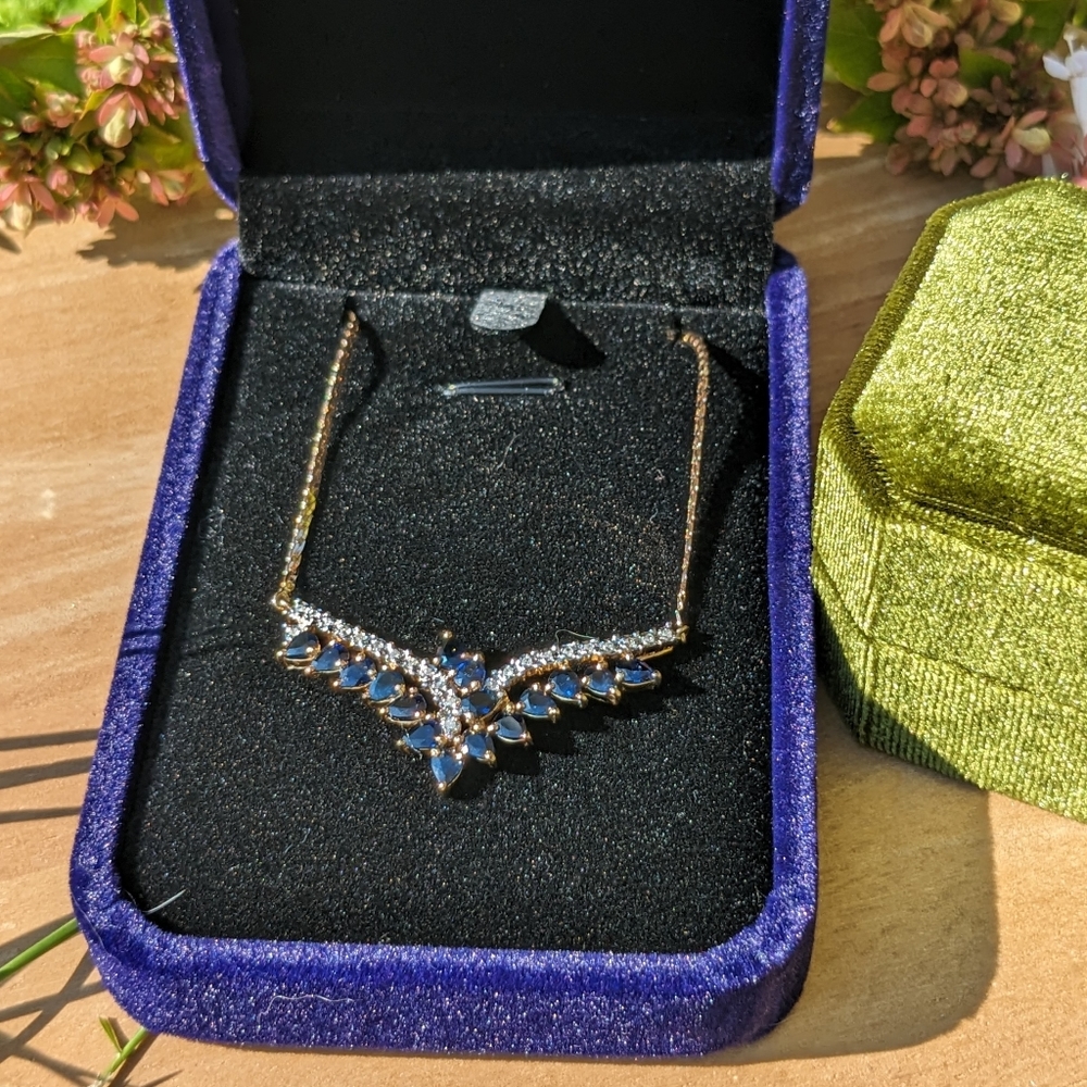 Vintage Art Deco Cocktail Sapphire Necklace Diamond Accents 14K Rose Gold